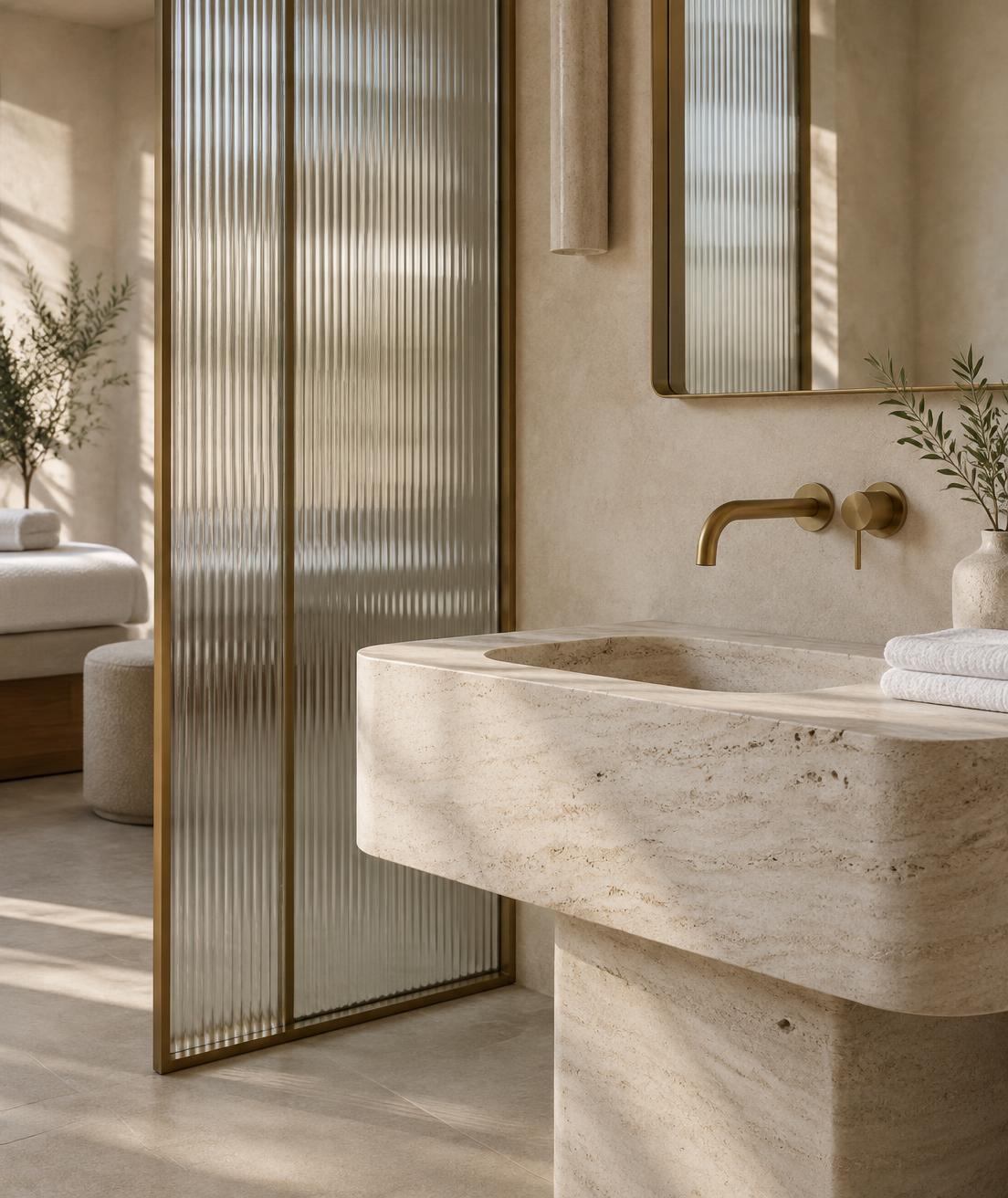 Taş lavabo ve cam bölme detayı